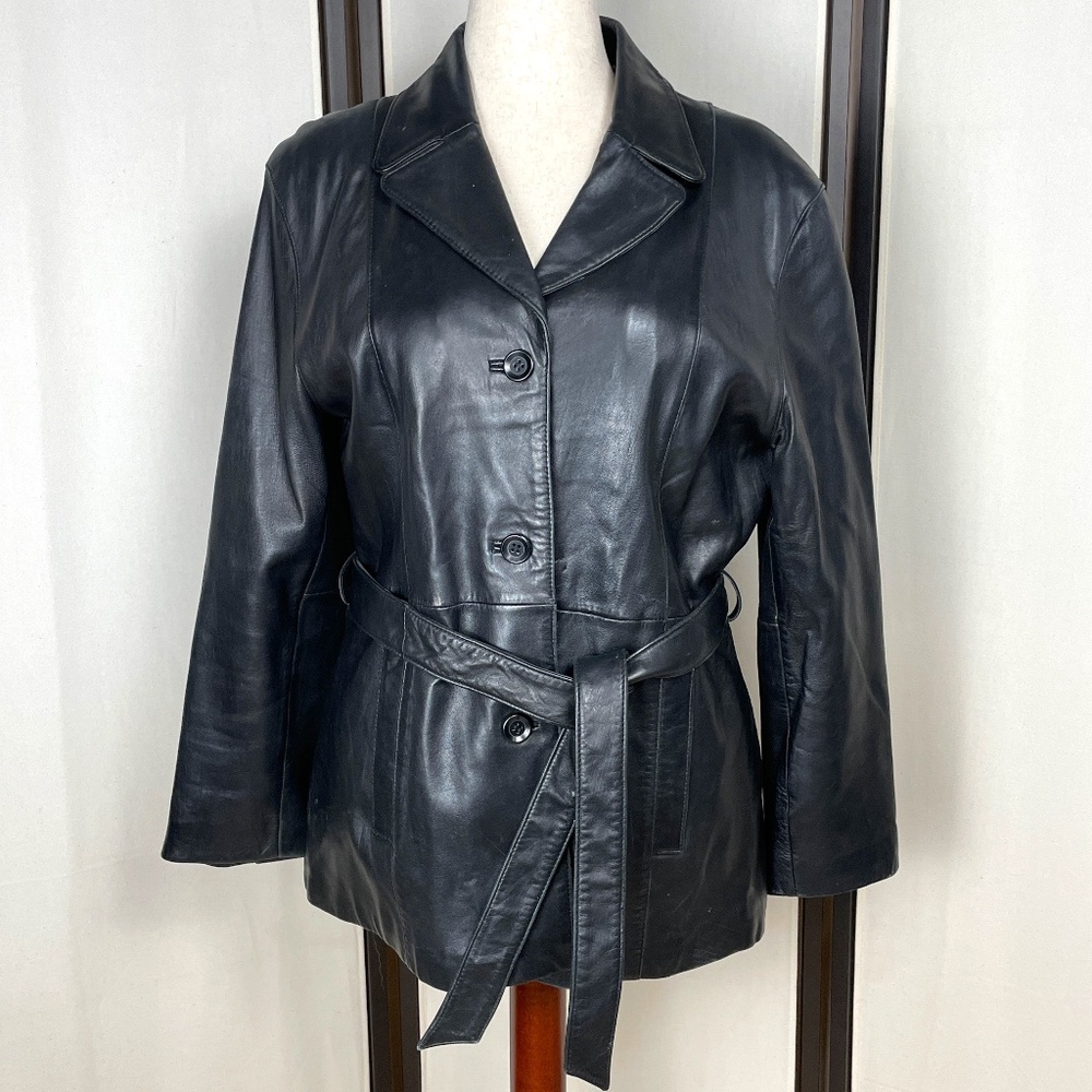 Vintage Isabela Kristina Rich Black Leather Jacket Tie Belt Button Size XL